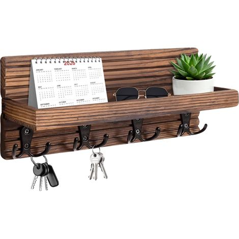 Porte-clés avec étagère, porte-clés en bois pour montage mural en métal, pour entrée, couloir, cuisine, chambre à coucher