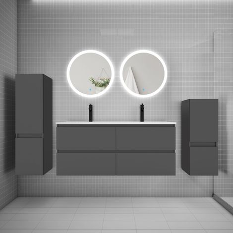 Ensemble meuble double vasque L.120cm 4 tiroirs + lavabo + 2LED miroirs rond 60cm + 2colonne,anthracite,easy (1/5)