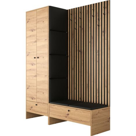 Mobilier1 – Meuble d'entrée Hartford 320 – Chêne Artisan – Dimensions 206x145x44cm – Stratifié et faux cuir – À poser pour optimiser votre espace