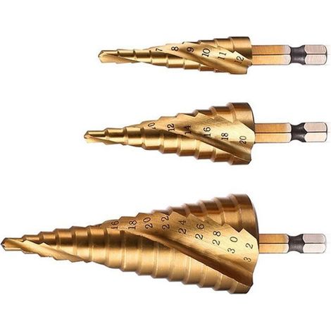 Step Drill Bit Set, Spiral Grooved, High-Speed Steel Titanium Coated, 4mm to 12/20/32mm Metric Hex Shank, HSS Cutting Tool for DIY Plastic, Wood, Metal, Aluminum, Copper (1/5)