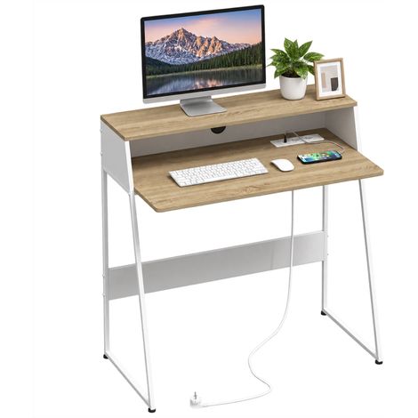 Bureau d'ordinateur - HOMCOM - avec étagère - cadre en acier - bois - 90 x 50,5 x 92,5 cm - chêne et blanc (1/5)