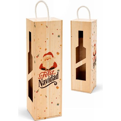 Caja de madera para botella con decoración navideña, 10 x 10 x 36 cm