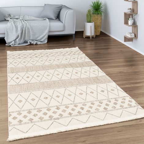 Paco Home Tapis Salon Chambre Adulte Poils Ras Motif Boho Motif Geometrique Franges 80x150 cm, Crème (1/5)