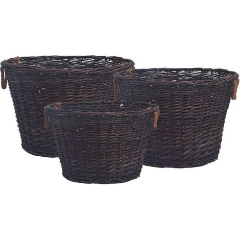Un ensemble de trois paniers à bois empilables, en osier brun foncé. (1/5)