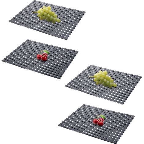 Lot de 4 tapis d'évier rectangulaires en PVC dimensions 40 x 30 cm avec motif à pois pour égouttage et protection contre les rayures couleur grise (1/5)