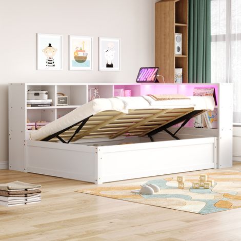 Divano letto 90200, con prese multiple e diversi vani portaoggetti, con striscia luminosa, letto idraulico, letto in legno massello, letto singolo, letto multifunzionale in legno, bianco. (1/5)
