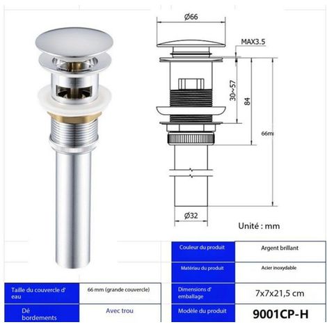 Bouchon De Vidange - Escamotable - 66 mm - Compatible Trop-Plein - Pour Évier 41 À 50 mm - 1 Pièce