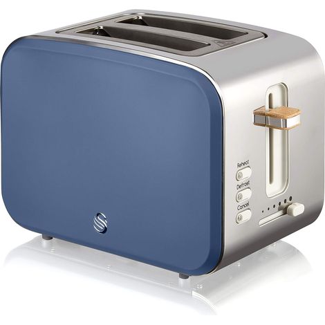 Swan Nordic - Tostapane con slot ampio, 2 fette, 3 funzioni, 6 livelli di tostatura, design moderno in acciaio inox, maniglia effetto legno, blu opaco (1/5)