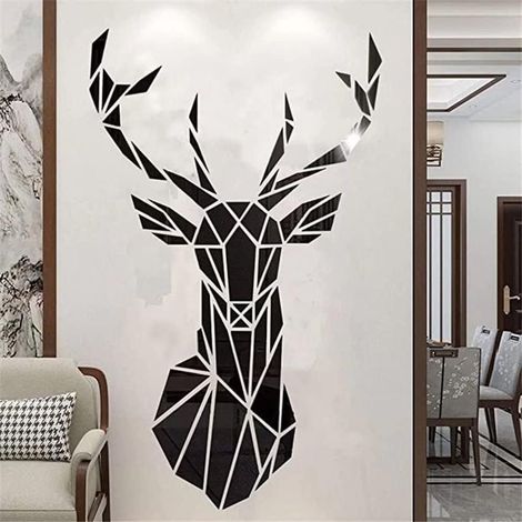 3D Art du Cerf Muraux Sticker Mural Murale Wall Stickers Autocollants Autocollant DIY Arts Decor Décoration Murale Mural Muraux Wall tête de Cerf Animaux Foret Acrylique Sticker (Noir,95 × 57 C (1/5)