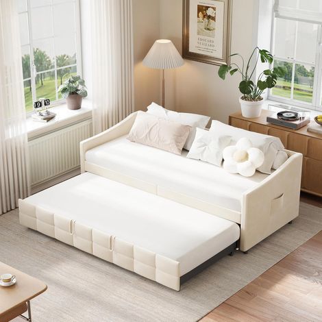 Schlafcouch Ausziehbar 180x200 cm Flanell Creme mit Seitentaschen (1/5)