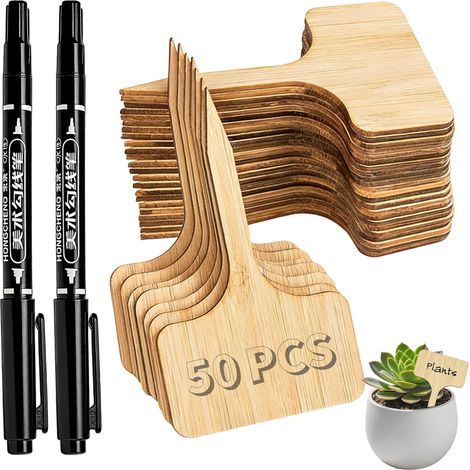 50 - Étiquette Plante - Bambou - Marqueur Inclus - Résistant Aux Intempéries - Pour Jardin Et Intérieur - Naturel - 10x6cm (1/5)