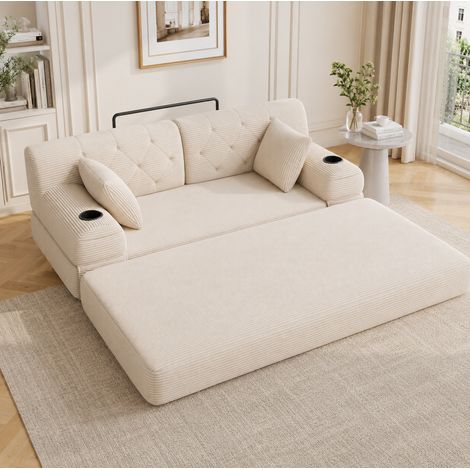 Sofá cama 2 plazas convertible con 4 bolsillos y 2 portavasos, terciopelo acanalado, beige (1/5)