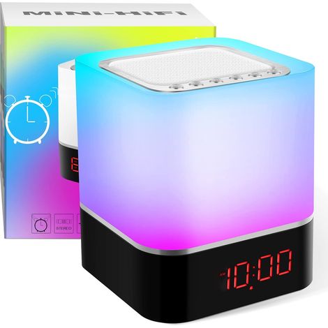 Altoparlante Bluetooth 5 in 1 con lampada da comodino dimmerabile al tocco, Swonuk USBLED 7 colori con sveglia, chiamate in vivavoce, lettore MP3, con scheda SD, USB e Bluetooth, per bambini