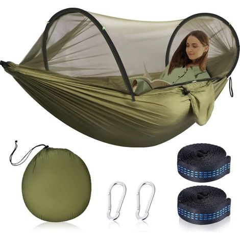 Outdoor-Hängematte mit Moskitonetz, ultraleichte Reise- und Campinghängematte, max. Traglast 200 kg, inklusive 2 hochwertiger Karabiner und 2 Nylonschlingen, geeignet für Outdoor-Camping (1/4)