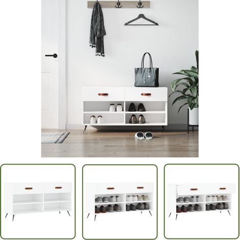 The Living Store Banc à chaussures blanc 102x35x55 cm bois d'ingénierie - Meuble Range Chaussure - Banc Chaussure - Rangement Chaussures - Meuble Entrée - Rangement Maison (1/5)