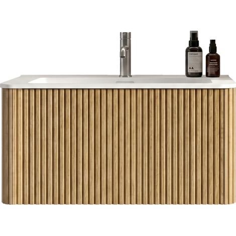 Meuble sous-vasque 80 cm pour salle de bains, design rainuré, tiroirs push-to-open, vasque en surface minérale, MDF et contreplaqué, prêt à poser CHICFURN (1/5)
