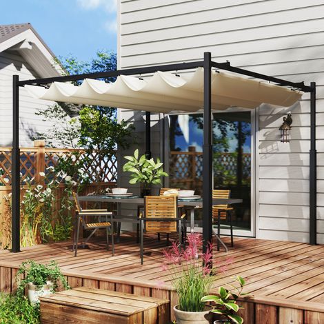 Pergola da giardino 298x298x230 cm con tetto retrattile UPF30+, struttura in metallo, bianco crema (1/5)