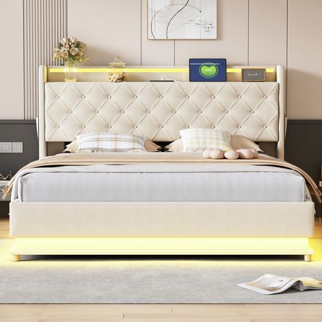Lit en lin beige 160x200 cm avec éclairage LED, coffre de rangement hydraulique et ports USB intégrés
