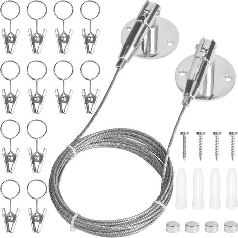 Tringle à Rideaux avec 12 clips, 3 Mètres Kit de Câble en Acier pour Rideaux, Fil de Suspension, Acier Inoxydable Rideau Tension Fil Pincer Clips pour Accrocher Photos, Images, Notes, Rideau (1/5)