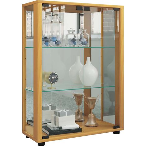 Sintalo Vitrinenschrank mit Spiegel 2 Glastüren Inkl. LED-Leuchten Buche dekor.