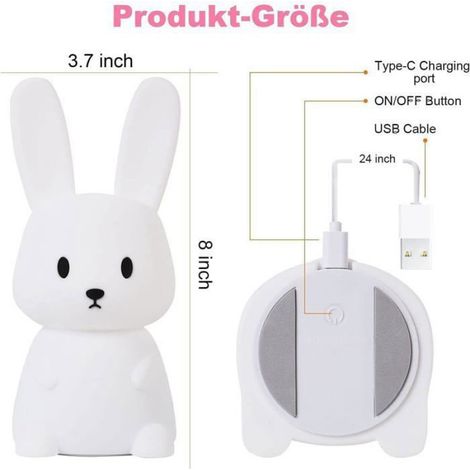 Veilleuse Lapin - LED Rechargeable USB - 7 Couleurs - Minuterie 3 H - Pour Chambre Bébé Enfant - Silicone Souple - 9,1 x 9,4 x 20,1 cm (1/5)
