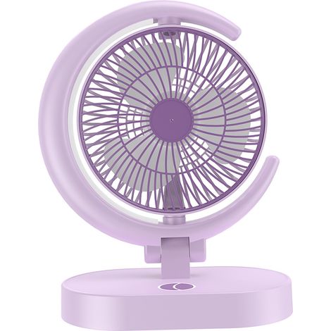 Ventilateur de bureau USB rechargeable, silencieux, petit et portable, avec lumière intégrée pour la maison, les voyages et le bureau (violet). (1/5)