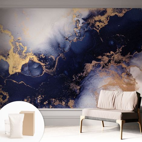 Papier peint intissé décoratif avec motifs pour salon et chambre a motif - Colle incluse gratuite Vagues bleu marine 312x219 cm (1/5)