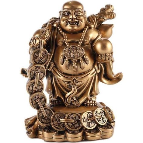 1 Statuette Bouddha Rieur, Résine Dorée, 16,5 Cm, Sapèques Chinoises, Symbole Feng Shui, Décoration Intérieure