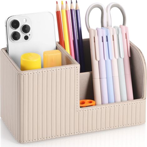Organiseur de Bureau à 3 Compartiments, Porte-stylo pour Bureau Support en PU Cuir pour téléphone, stylos ou télécommande – pour bureau, maison, salon – Khaki (1/5)