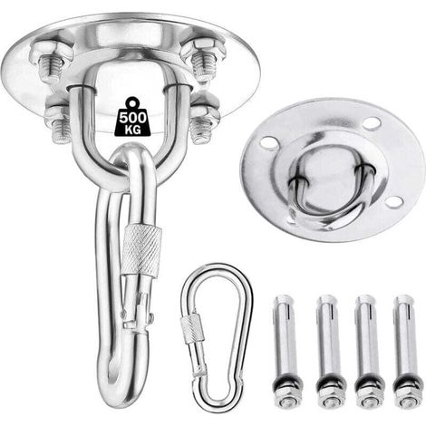 Gancho de techo XU para colgar hamacas, yoga, sillas colgantes de repuesto, color arena, suspensión de entrenamiento de acero inoxidable con capacidad para 500 personas. Equipado con mosquete KZQ. (1/4)