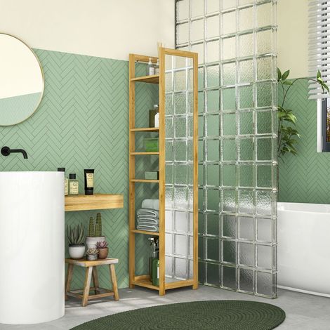 Meuble colonne de salle de bain à 6 niveaux en bambou avec miroir. 6 étagères. naturel. 35L x 35l x 168H cm (1/5)