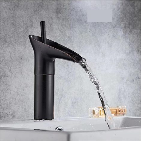 Bathroom faucet, waterfall faucet, retro single-handle basin faucet, hot and cold water, brass, black (height: 24 cm)