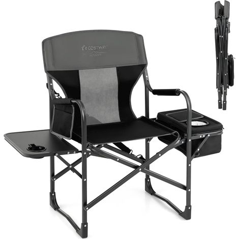 COSTWAY Chaise de Camping Pliante avec Table Latérale et Sac Isotherme Charge 180KG, Chaise de Réalisateur avec Sac de Rangement et Sangle Portable pour Pêche Barbecue Pique-Nique (Noir) (1/5)
