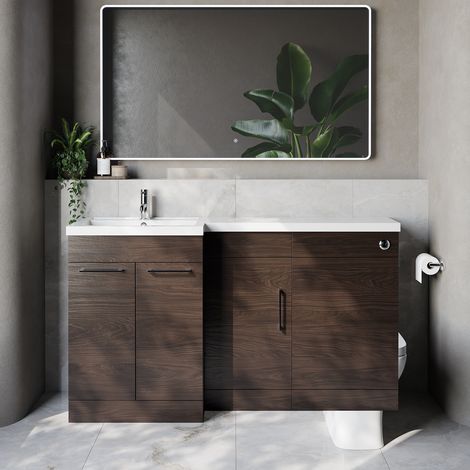 Napoli 390 Brown Oak 1500mm 3 Door Vanity Unit Toilet Suite with Left Hand Square Lucia Basin - 1500mm - Chrome 160mm HandleWithout Kingston Toilet Pan
