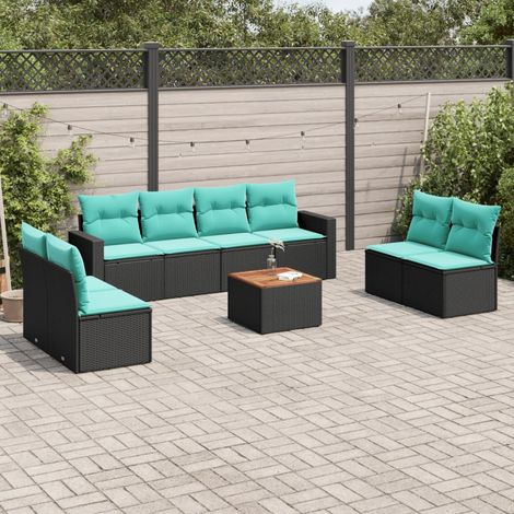 Salon de jardin 9 pièces modulable en résine tressée noir avec coussins bleus - PANGIVO (1/5)