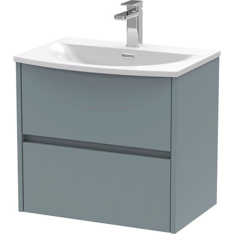 Chartley Contemporary 2 Drawer Wall Hung Vanity Unit with Curved Basin, Coastal Grey, 600mm