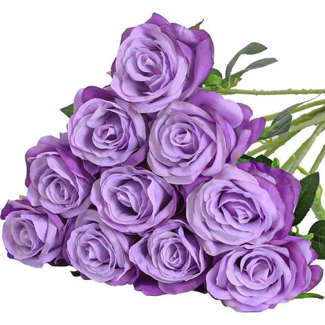 Lot de 10 roses artificielles rouges en flanelle, fleurs artificielles réalistes pour décoration de mariage, maison et jardin, violet clair (1/5)