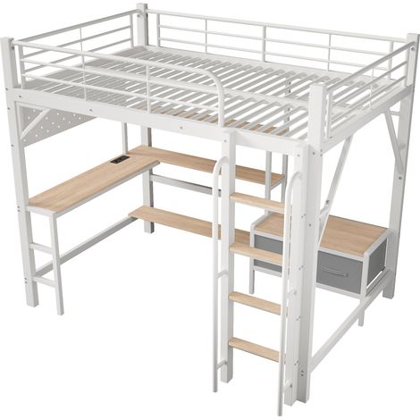 Hochbett 140 x 200 cm Weiß mit Schreibtisch, Regalen, Stoffschubladen und Metallrahmen (1/5)
