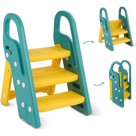 Marchepied Enfant 3 Marches - Réglable Et Pliable - Stable Antidérapant - Pour Salle De Bain Cuisine - Vert (1/5)