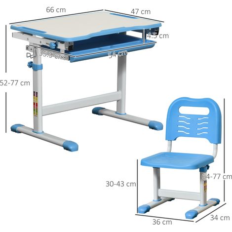 Bureau pour enfants de 6 à 12 ans (avec chaise réglable en hauteur, tiroir et plateau inclinable), dimensions : 66 x 47 x 52-77 cm, bleu (1/5)