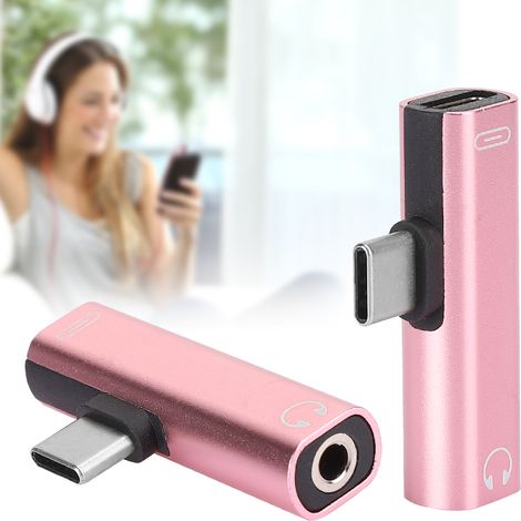 Adaptateur USB-C vers Jack 3.5mm avec Double Port Charge Rapide pour Écouteurs (Rose)