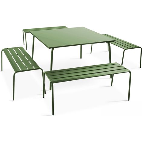 Ensemble table de jardin carrée et 4 bancs en métal vert cactus - Palavas