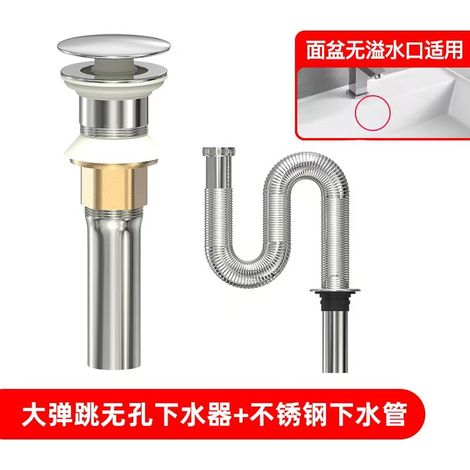 Washbasin drain pipe, odor-proof drain pipe, sink/washbasin drain accessory, pop-up sink/washbasin leak plug -- large pop-up holeless drain + 60cm stainless steel drain pipe