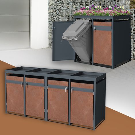 ML-Design Cobertizo con Macetero para 4 Cubos de Basura de 240L 264x80x124cm Antracita con Acabado Óxido Mueble Cubrecontenedor de Acero Resistente con Tapa y 2 Puertas Abatibles con Cerradura (1/5)