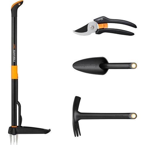 Fiskars Set di Attrezzi da Giardino, 4 pezzi, Xact Tagliaerba, Lunghezza: 1 m, Solid Zappa Combinata, Lunghezza: 28 cm, Solid Cazzuola per Fiori, Lunghezza: 28 cm, Solid Forbici Bypass P121, 1077309 (1/5)