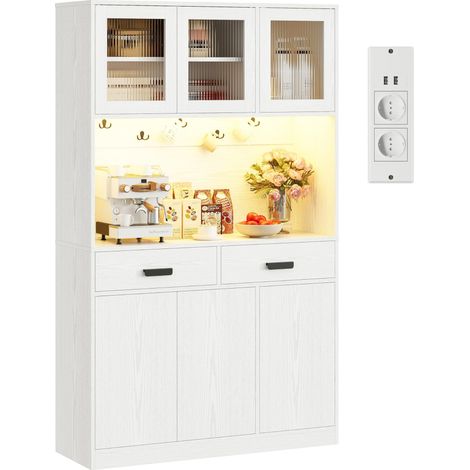 Armoire de Cuisine Haute avec éclairage LED et Prise de Courant, Ports de Charge USB, Plan de Travail, 2 tiroirs, Portes magnétiques, Buffet, pour café, Cuisine, Salon, Salle à Manger, 180 x (1/5)