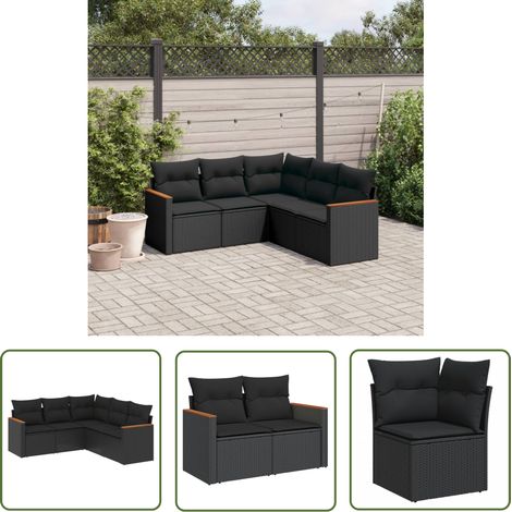 The Living Store Salon de jardin 5 pcs avec coussins noir résine tressée - Ensemble Salon De Jardin - Mobilier De Jardin - Salon Extérieur - Résine Tressée - Fauteuil De Jardin (1/5)