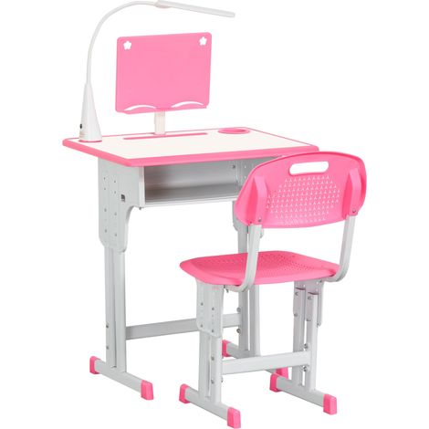 Banco Scuola con Sedia per Bambini con Lampada LED e Leggio Rosa