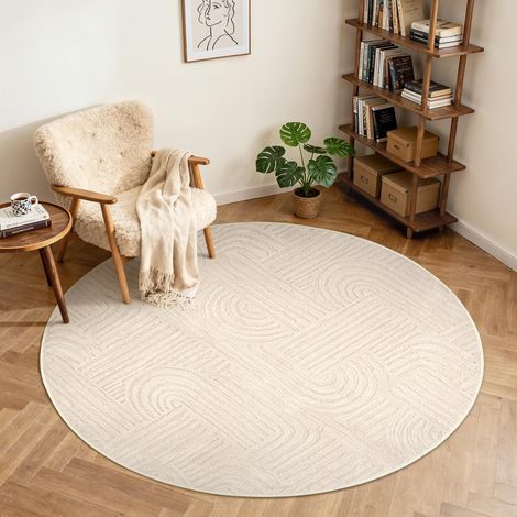 Tapis Salon Beige R120cm Labyrinthe Moderne 3D Crème antidérapant lavable en machine, doux et confortable pour chambre, séjour et salle à manger (1/5)