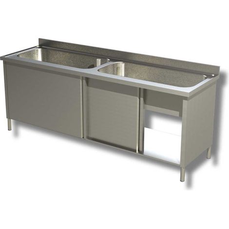 Plonge Inox 2 Grands Eviers sur Meuble avec Portes Coulissantes - Gamme 600 - Ristopro